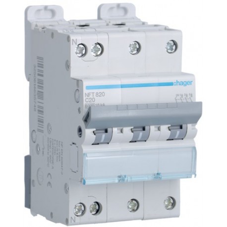 DISJONCTEUR TRIPOLAIRE 3 PH+N 6-10kA C-20A 3m HAGER